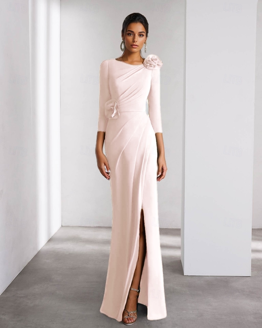A-Line Evening Gown Elegant Dress Formal Wedding Floor Length Long Sleeve Crew Neck Detachable Stretch Crepe with Shouder Flower 2025 - $125.99 –P5