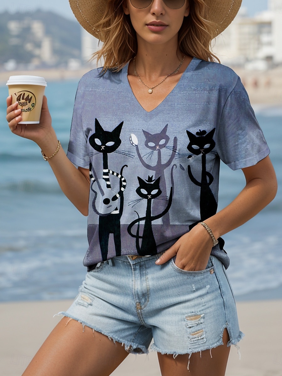 Femmes T-shirt Graphique Animal Chat ancien Élégant Classique Manche Courte Col en V Hauts Réguliers Quotidien Imprimé Rose poussiéreuse Marron clair Bleu Violet Vert Été Printemps de 2025 ? $19.99 –P5