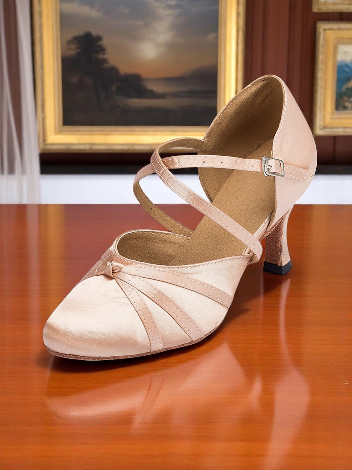 Chaussures de danse de salon croisées en satin noir pour femmes - Talons mi-hauts classiques pour danseuses professionnelles et danseuses sociales de 2025 ? $46.99 –P2