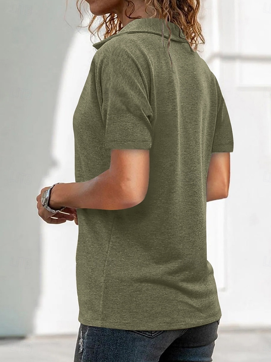 Femmes T-shirt Uni Mode Moderne Occasionnel Manche Courte Col de chemise Hauts Réguliers Quotidien Week-end Fermeture éclair Noir Vert Véronèse Rouge Bleu Gris Été de 2025 ? $19.99 –P11