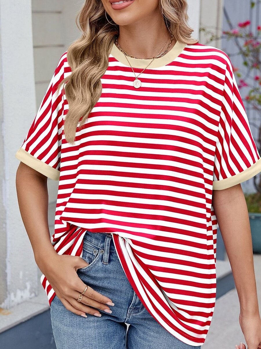 Femmes T-shirt Rayé Mode Élégant Moderne Manche Courte Col ras du cou Hauts Réguliers Quotidien Week-end Imprimé Noir Rouge Bleu Vert Été de 2025 ? $16.99 –P7