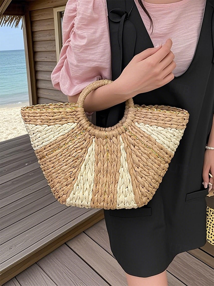 Sac de plage élégant en paille tressée pour femme avec poignées circulaires, grande capacité, design bohème écologique, parfait pour l'été, les vacances et les excursions d'une journée de 2025 ? $26.99 –P1