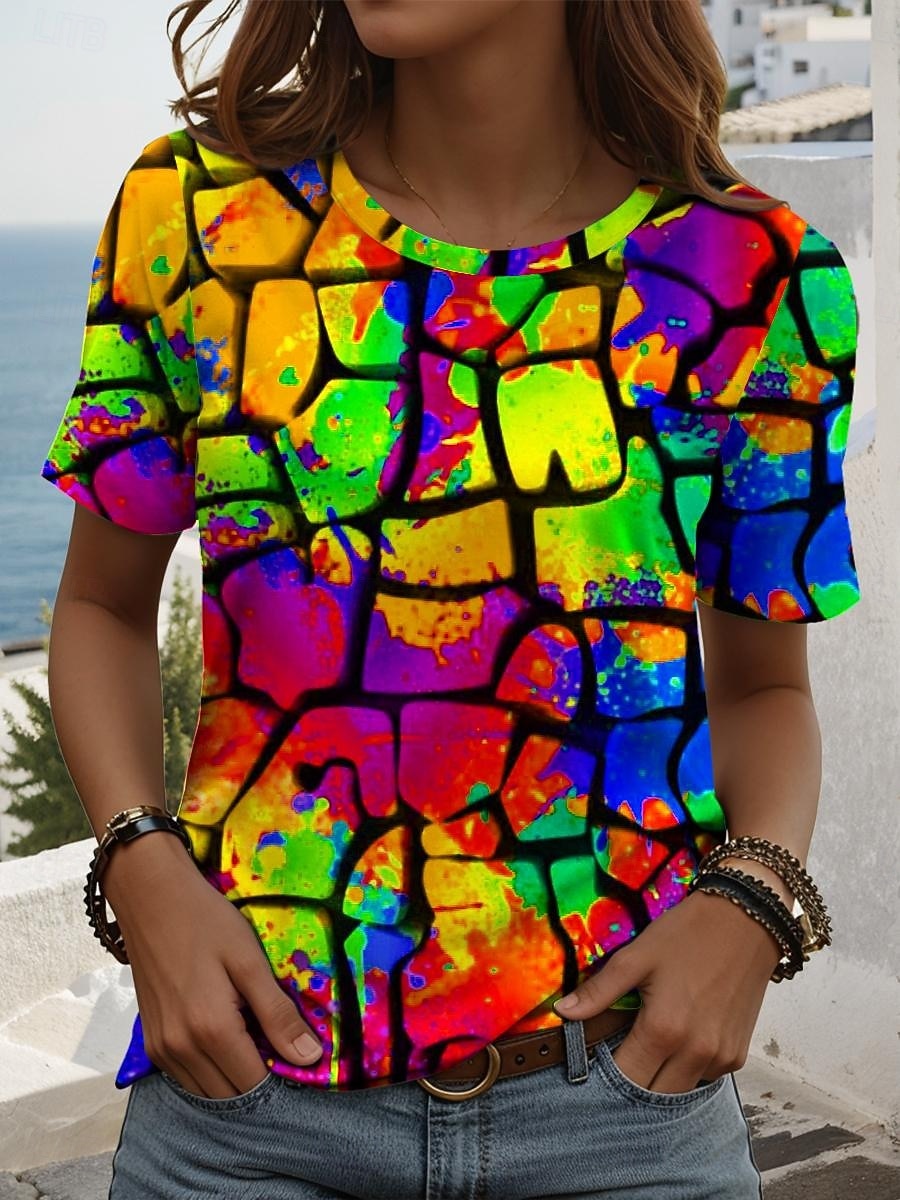 LGBT Pride Parade Pride Raindow Women's T Shirt Graphic Geometric Striped Vintage Stylish Classic Short Sleeve Crew Neck Regular Tops Daily Print Yellow Red Purple Summer Spring 2026 - $22.99 –P4