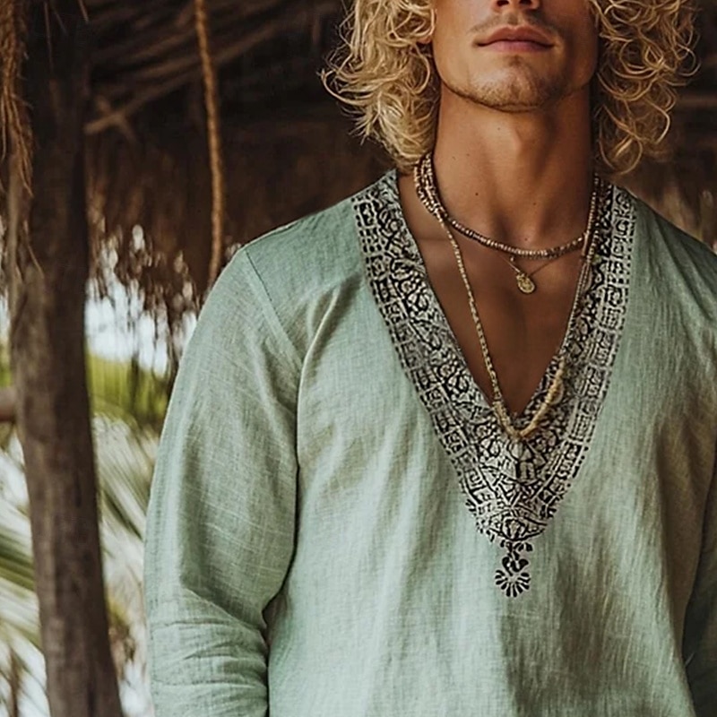 Voor heren Overhemd Linnen overhemd Popover-shirt Zomer overhemd Strand Kleding retro-overhemden Etnisch Vakantie Straat Groen Lange mouw V-hals Zomer Lente Kleding 2025 - $23.99 –P2