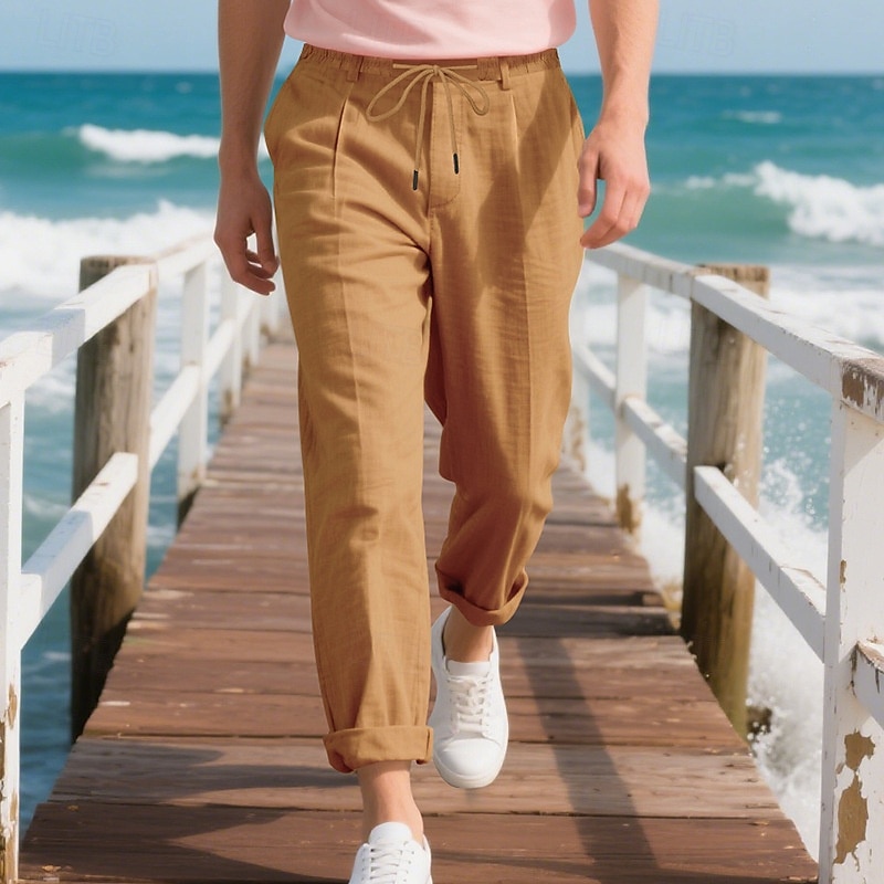 Herr Linne Byxor Långbyxor Sommarbyxor Strandbyxor Ficka Snörning Elastisk midja Slät Komfort Andningsfunktion Semester Dagligen Helgdag Hawaiisk Boho Ljus kaki Svart 2025 - $22.99 –P20