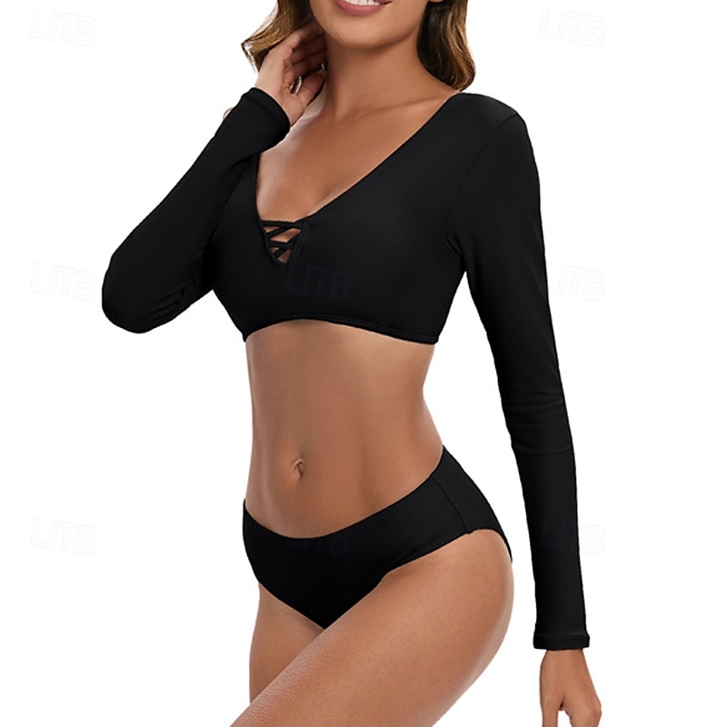 Dam Tankini Tvådelad baddräkt Öppen Rygg Badkläder Solid färg Badkläder Svart Andningsfunktion Snabb tork Långärmad - Simmning Surfing Snorkelfenor Sommar 2025 - $26.99 –P5