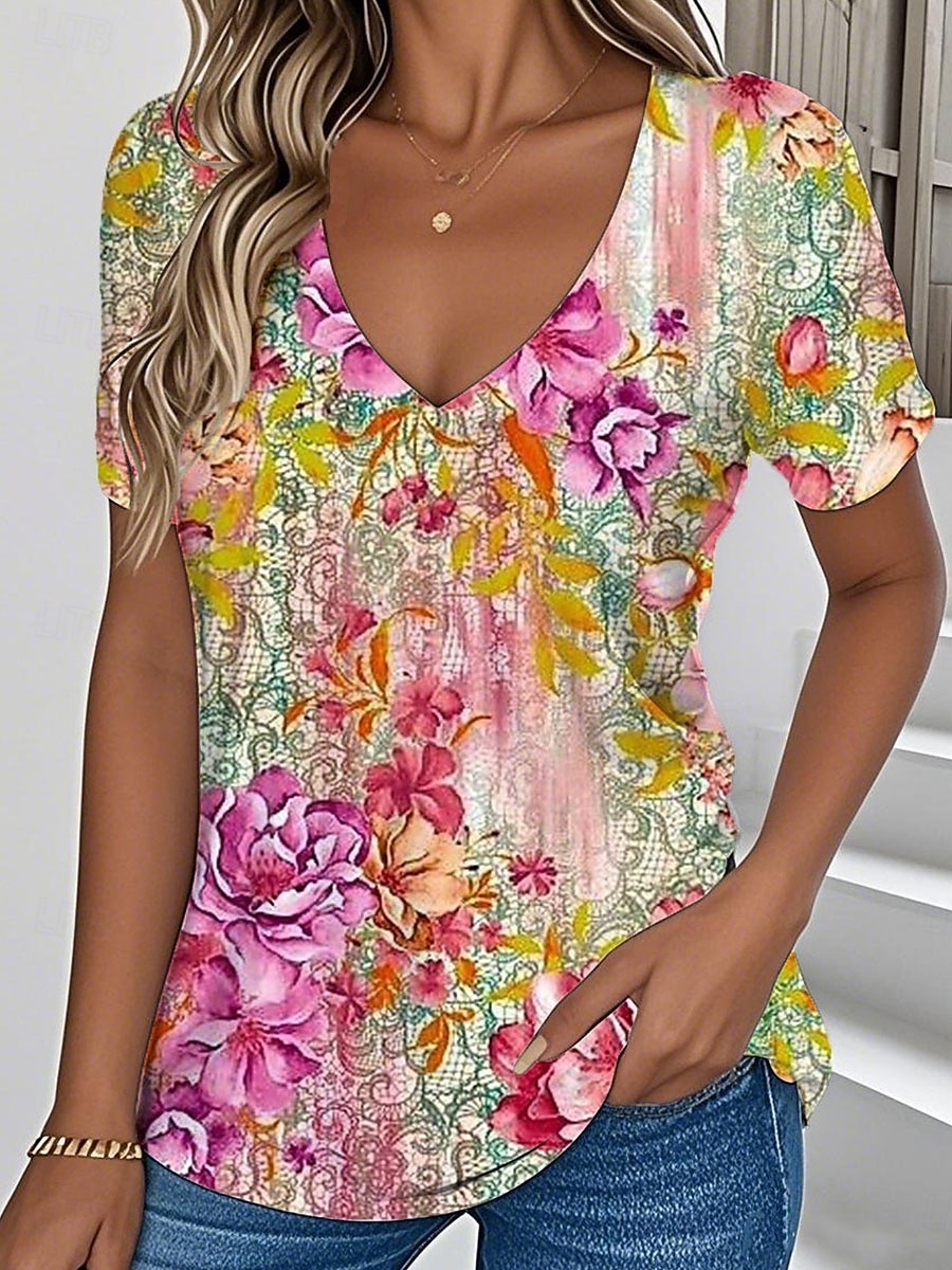 Femmes T-shirt Fleuri Graphique Plantes ancien Élégant Classique Manche Courte Col en V Hauts Réguliers Quotidien Imprimé Jaune Rose Claire Vert Été Printemps de 2025 ? $9.99 –P2