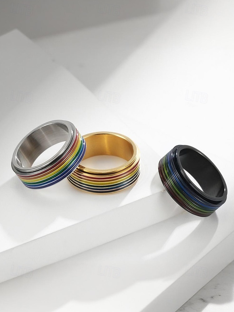 Anello girevole arcobaleno LGBT da uomo - anello in acciaio inossidabile con design twist, accessorio alla moda per festival, abbigliamento quotidiano e celebrazioni LGBTQ+ del 2025 a $11.99 –P4