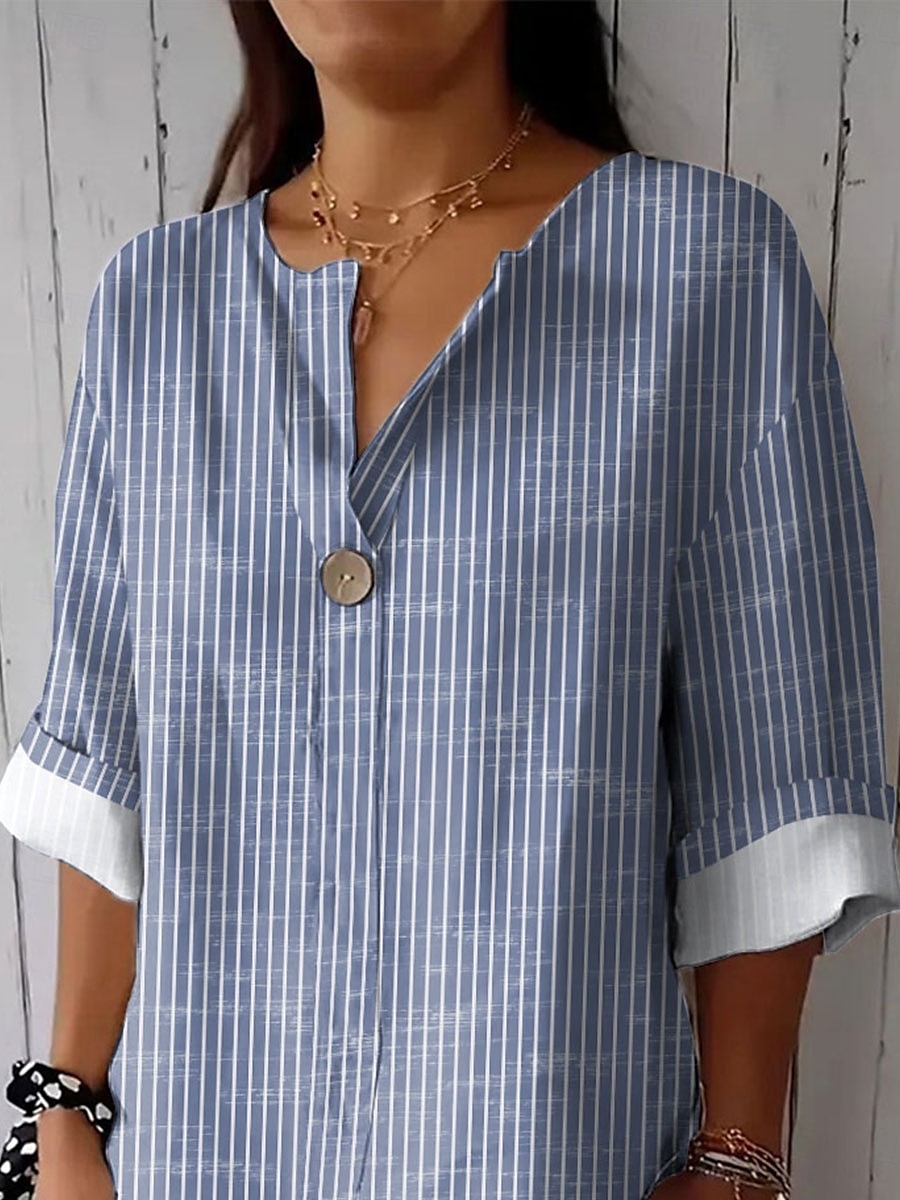 Dame Skjorte Grafisk Stripet Årgang Stilfull Moderne 3/4 ermer Crew-hals Vanlige topper Daglig Ferie Strand Klær Trykt mønster Blå Sommer Vår 2025 - $29.99 –P2