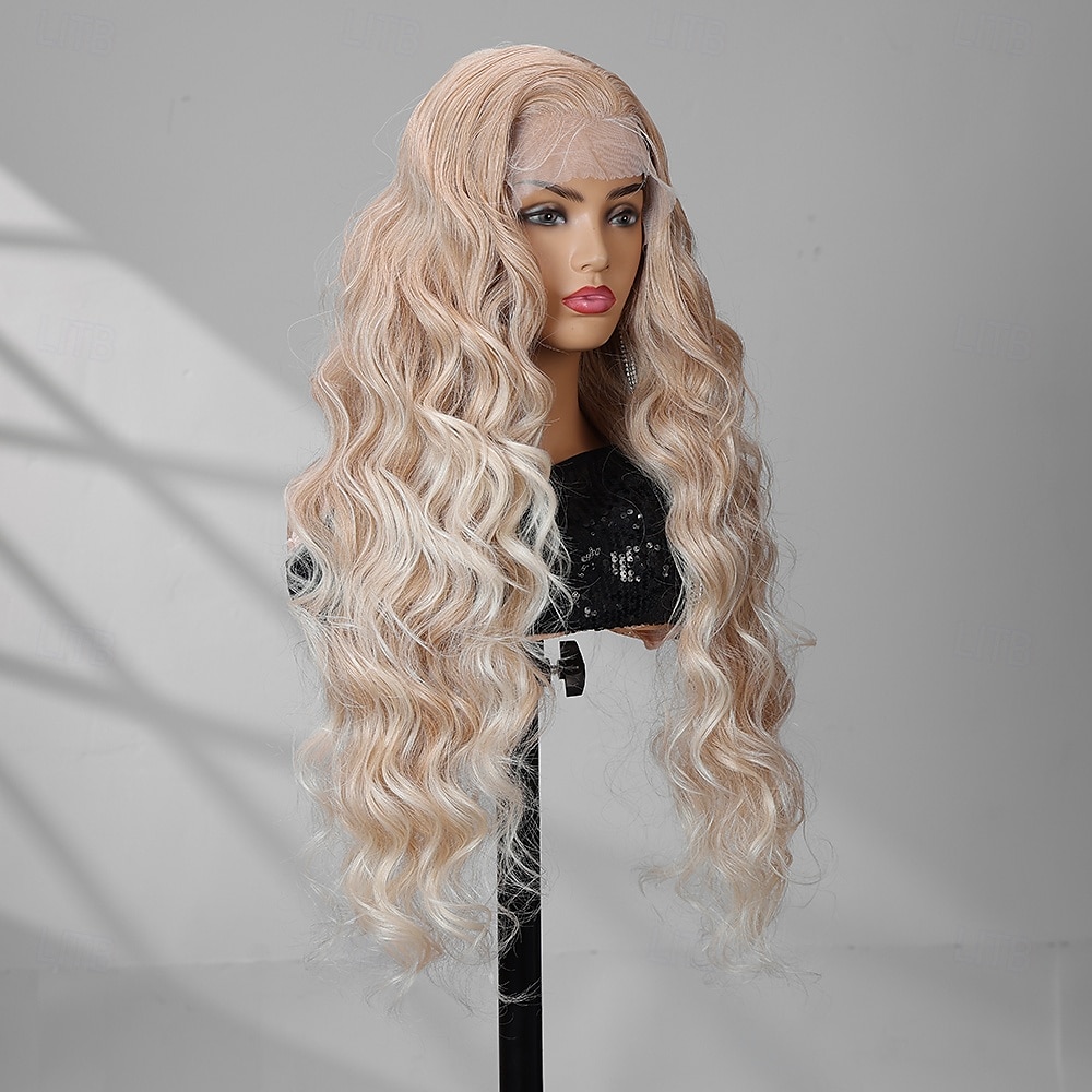 Parrucca in pizzo sintetico Ondulato naturale Stile 30 pollice Multicolore Riga centrale 13x4 Fronte in Pizzo Parrucca Per donna Parrucca A3 del 2025 a $76.99 –P3