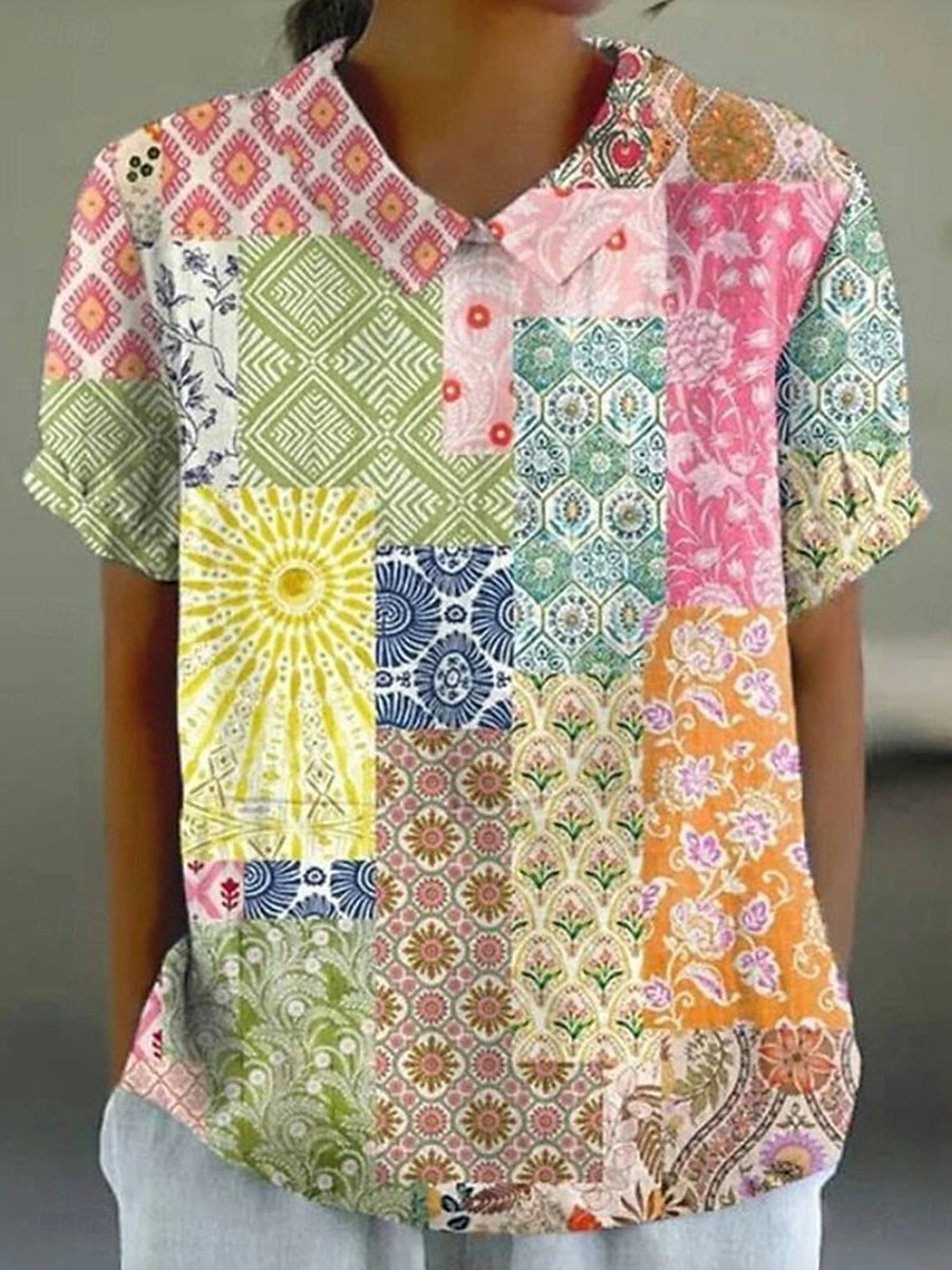 Femmes Chemisier Fleuri Graphique Élégant ancien Occasionnel Manche Courte Col de chemise Hauts Réguliers Travail Quotidien Patchwork Imprimé Blanche Jaune Rose Claire Été Printemps de 2025 ? $23.99 –P1
