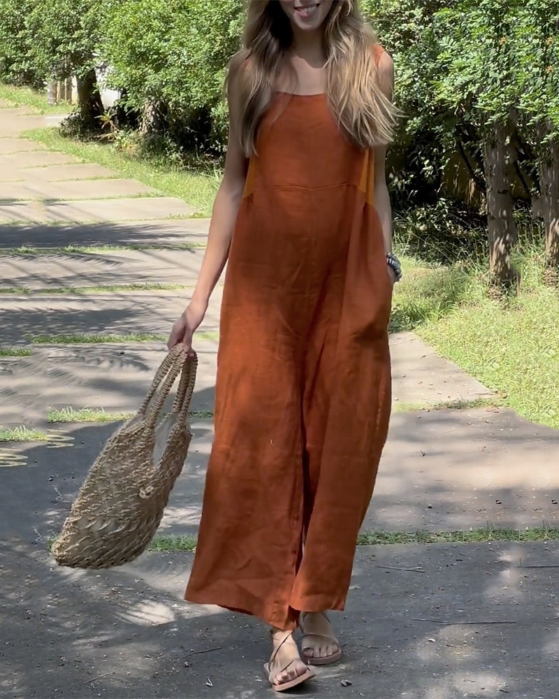 Dámské overaly inspirované lnem, kalhoty, sváteční, jednobarevné, bez rukávů, široké nohavice, kapsy, pouliční, denní, regular střih, bílá, oranžová, zelená, léto 2025 - zł155.99 –P8