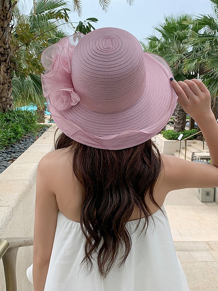 Chapeau de paille élégant à large bord pour femme avec des accents de ruban et de perles, parfait pour les fêtes de jardin d'été, les événements en plein air et les mariages de 2025 ? $14.99 –P3