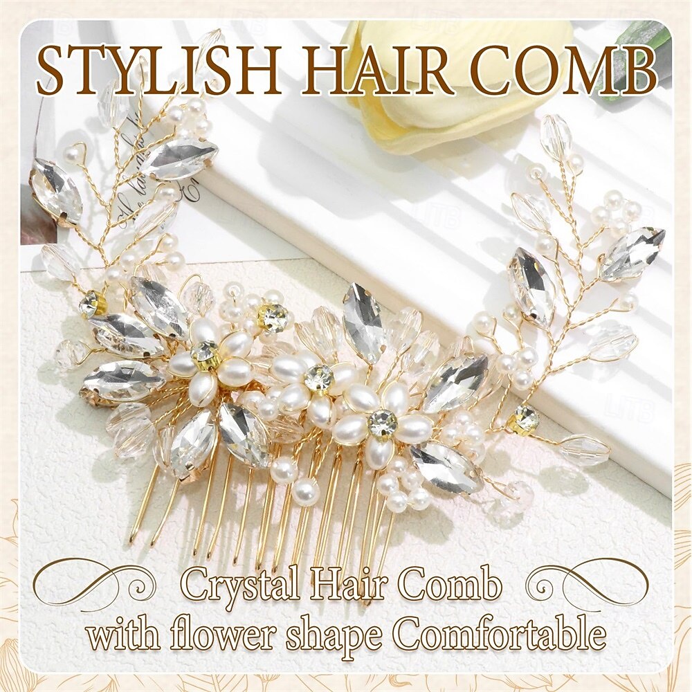 Wedding Hair Piece Sparkly Crystal Hair Side Comb Gold Bridal Pearl Headwear Bride Bridesmaid Flower Headdress for Women and Girls 2026 - $10.99 –P6