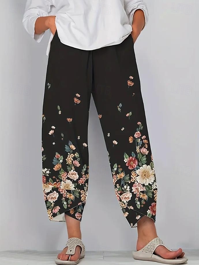 Damen Weites Bein Chinos Baggy-Hosen Urlaub Vintage Ethno-Stil Volle Länge Hohe Taille Blumen Grafik Drucken Thermowarm Atmungsaktiv Weich Mikroelastisch Urlaub Straße Lässig Dunkelgrau Rubinrot 2025 - $20.99 –P4