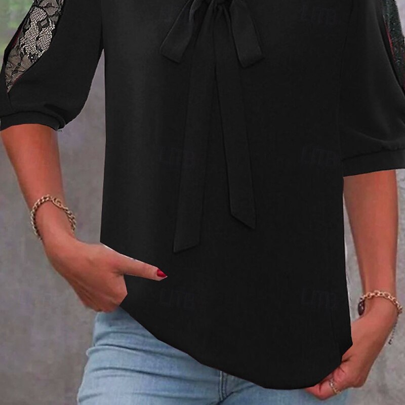 Femmes Chemise Chemisier Uni Moderne Demi Manches Col en V Hauts Réguliers Fête Sortir Dentelle Patchwork Noir Été de 2025 ? $17.99 –P3