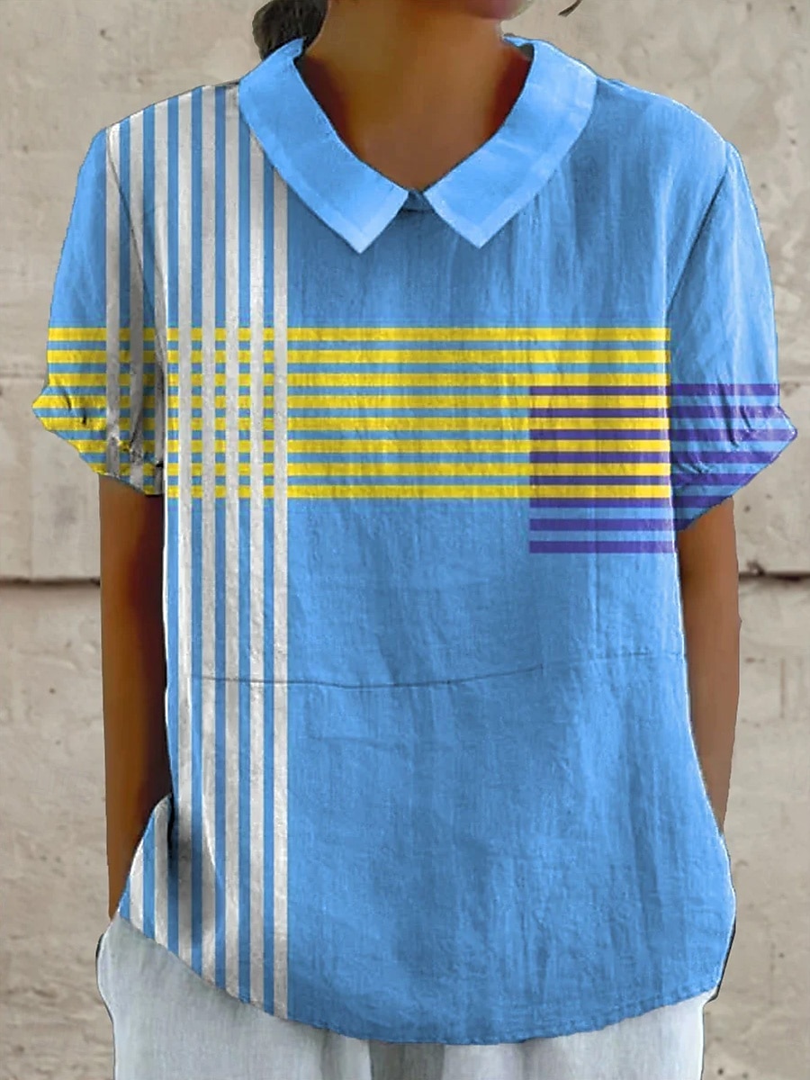 Women's Blouse Graphic Geometric Striped Elegant Daily Stylish Short Sleeve Shirt Collar Regular Tops Work Daily Holiday Lace Yellow Blue Orange Summer Spring 2025 - $23.99 –P2