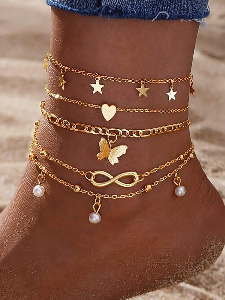 Set di cavigliere da donna placcate in oro a strati con ciondoli a forma di farfalla, cuore, stella, infinito e perla - regolabili, stile boho chic per la spiaggia e l'abbigliamento casual del 2025 a $7.99 –P1