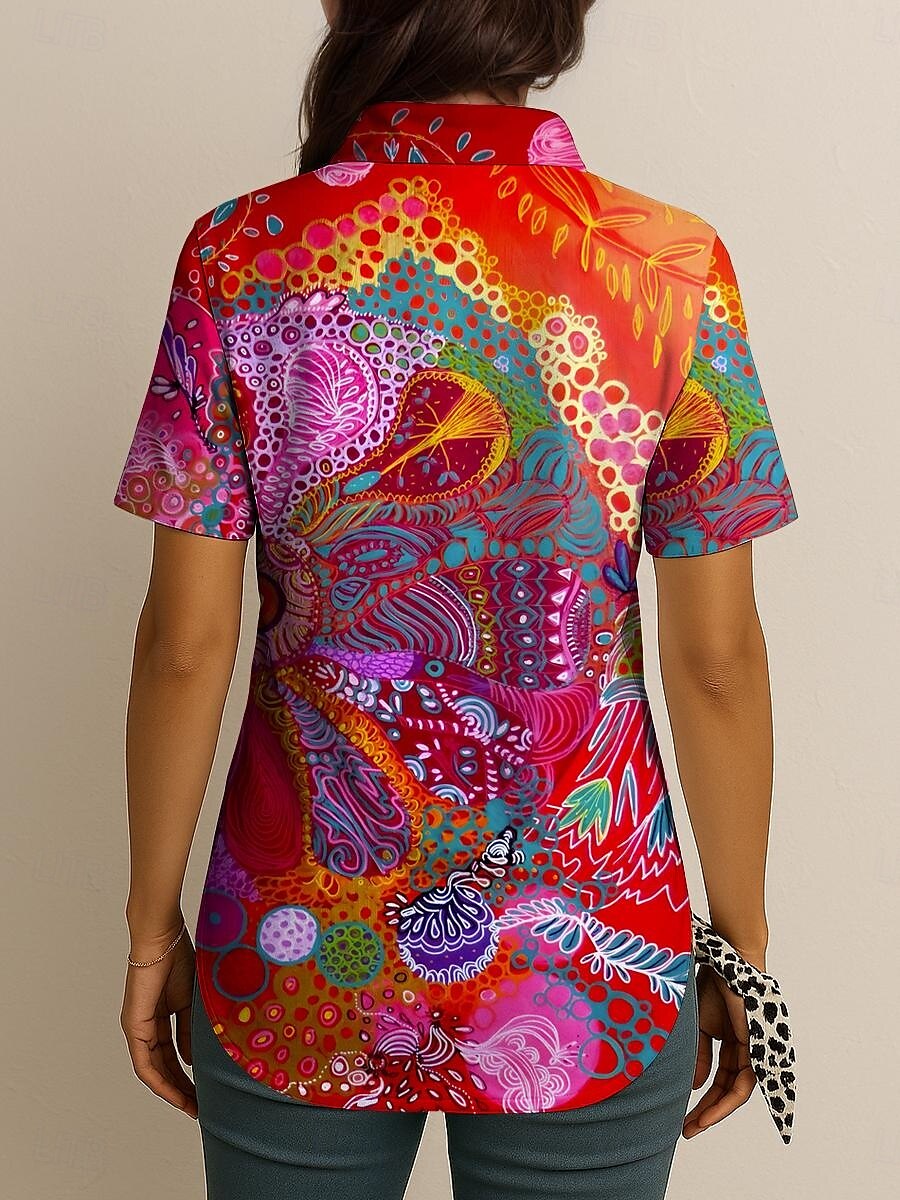 Femmes Chemise Graphique Géométrique Abstrait ancien Tropical Quotidien Manche Courte Col de chemise Hauts Réguliers Quotidien Rouge Bleu Violet Vert Été Printemps de 2025 ? $24.99 –P2