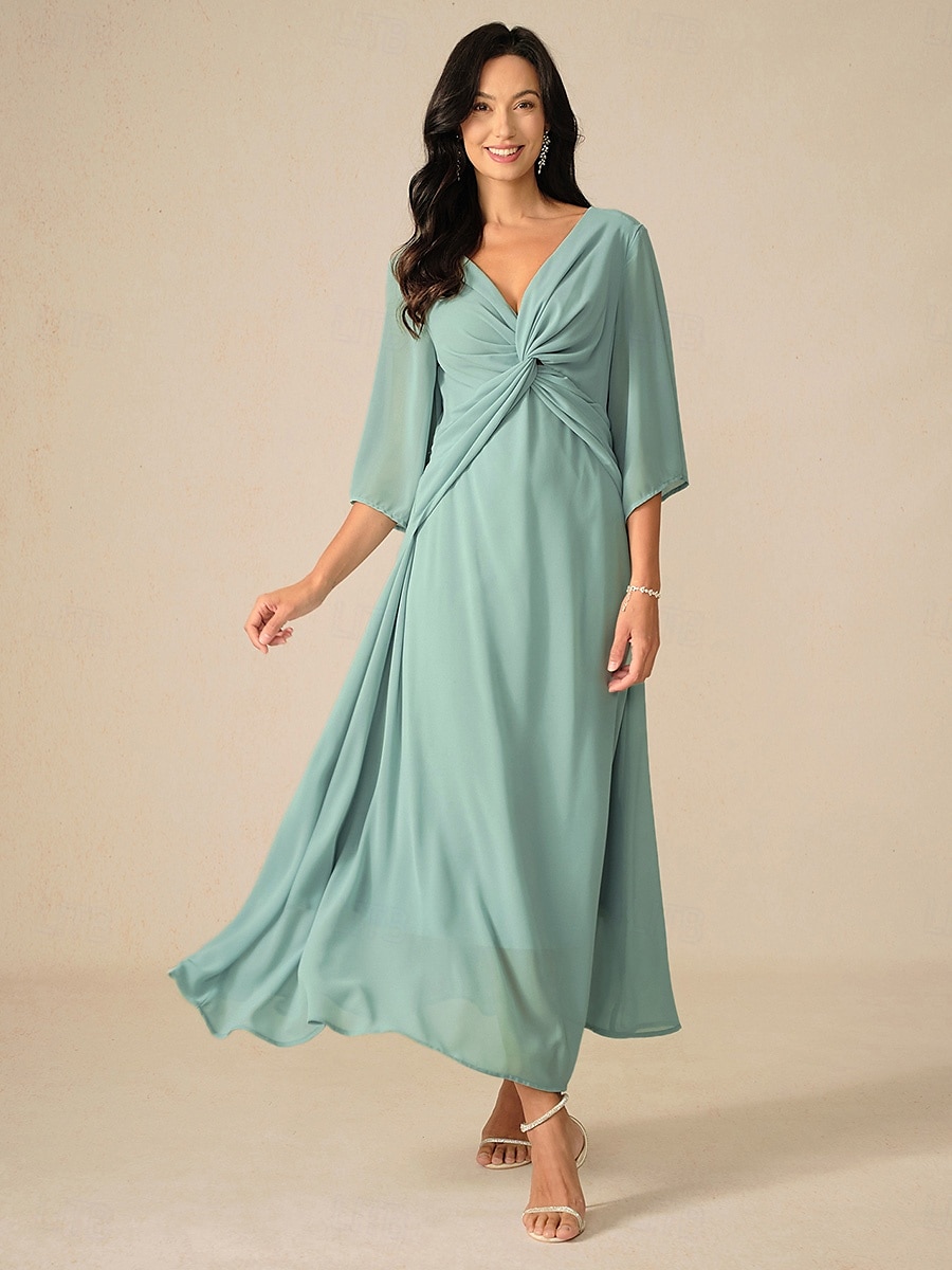 rochie de cocktail pentru invitați la nuntă pentru femei șifon uni cu volane răsucite elegantă rochie maxi de vară cu decolteu în V mânecă evazată lungime 3/4 2025 - $49.99 –P13