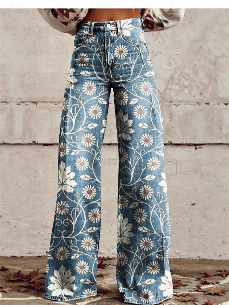 Retro vintage Boho Jaren '70 Broeken Broek met wijde pijpen Hippie Schijf Hoge taille Bloemig Madeliefje Faux Jeans Stijl Kostuum Dames Carnaval Casual / Dagelijks muziekfestival Retro themafeest 2026 - $35.99 –P5