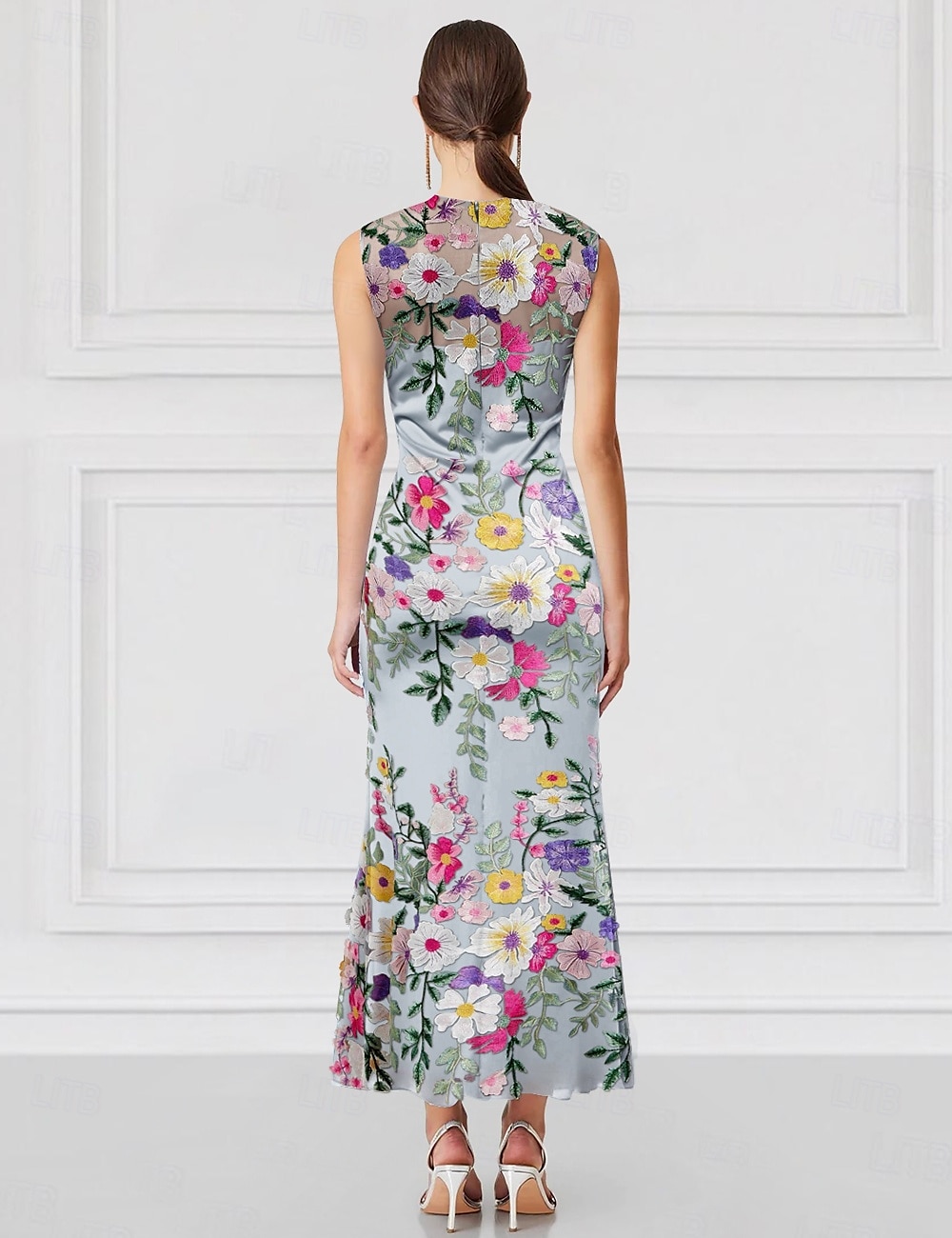 Blue Mermaid / Trumpet Cocktail Floral Dresses Elegant Formal Wedding Guest Ankle Length Sleeveless High Neck with Embroidery 2025 - $158.99 –P2