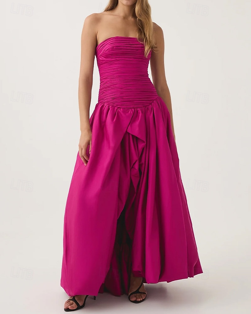 Pinkes A-Linien-Abendkleid, Bubble-Kleid, formelles, halbformelles Hochzeitskleid, bodenlang, ärmellos, trägerlos, Taft mit gerüschtem Schlitz, 2025 2025 - €136.99 –P1