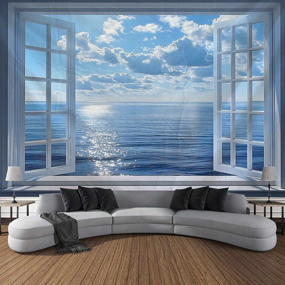vindusgardiner havbølger kokospalmer landskap billedvev dekorativ kunst tepper gardiner hengende hjem soverom stue dekorasjon 2026 - $16.99 –P5