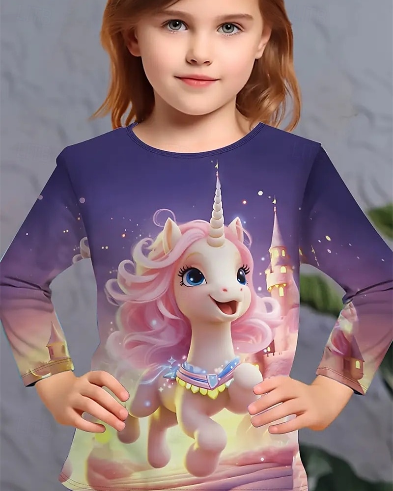 Flickor 3D Enhörnings T-shirt Långärmad Vår Höst Mode Grundläggande Barn 4-12 år Rund hals Utomhus Ledigt Dagligen Normal 2025 - $13.99 –P4