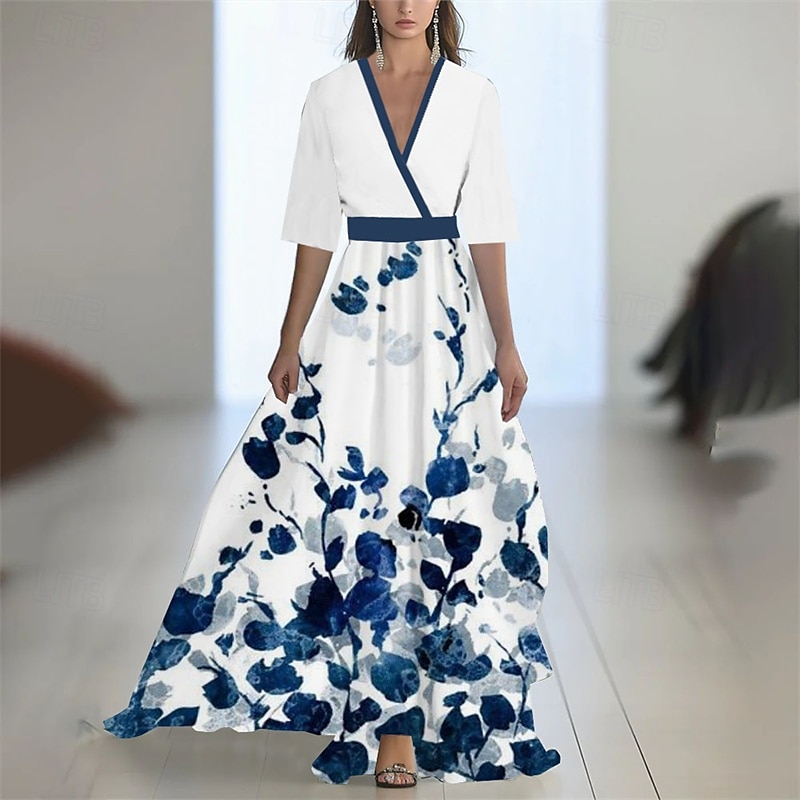 Damen Langes Kleid Maxikleid Freizeitkleid Schwingkleid Sommerkleid Elegant Mode Romantisch Outdoor Party Ferien Normale Passform Blume Halbarm V Ausschnitt Weiß Grau Sommer 2025 - $28.99 –P2
