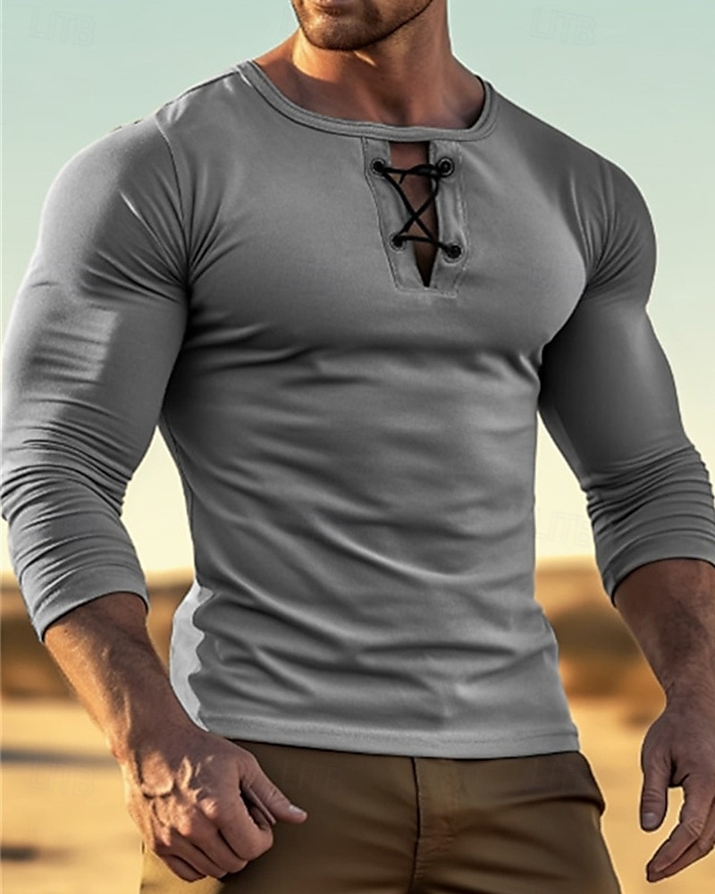 Herren T Shirt T-Shirt Langarmshirt Langarm Rundhalsausschnitt Sommer Frühling Einfach Mode Designer Basic Schnürung Urlaub Straße Ausgehen Schwarz Gelb Grün Top T-Shirt für Herren 2025 - $17.99 –P1