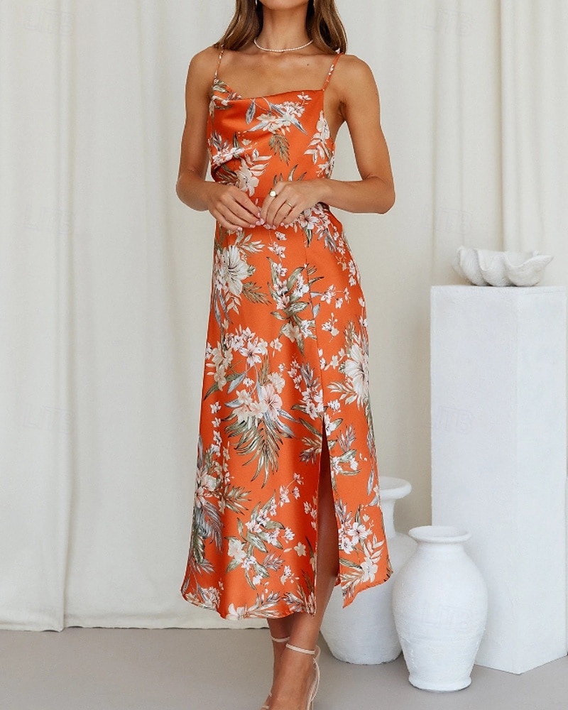 Women's Midi Dress Floral Dress Boho Dress Print Dress Fashion Classic Outdoor Vacation Holiday Regular Fit Flower Sleeveless Spaghetti Strap Pink Navy Blue Orange Summer 2025 - $25.99 –P9