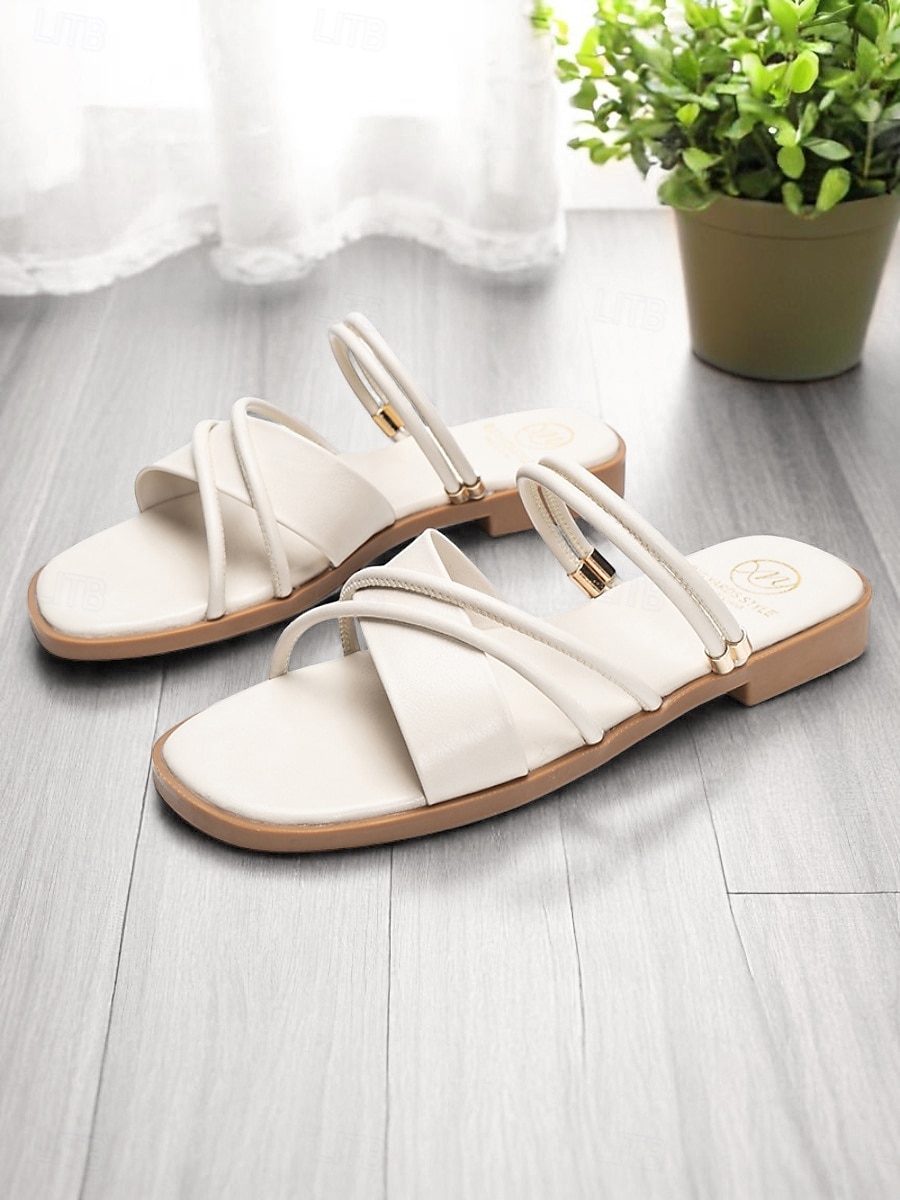 Women's White Strappy Flat Sandals with Crisscross Design - Minimalist Slip-On Summer Shoes for Casual Dates and Everyday Outfits 2025 - $29.99 –P2