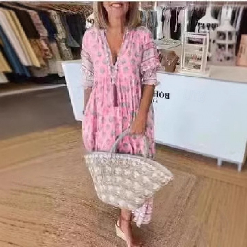 Pentru femei Rochie Lunga Rochie Maxi Rochie casual Rochie Boho Modă În aer liber Petrecere Concediu Fit regulat Geometric Manșon scurt În V Roz Îmbujorat Albastru piscină Trifoi Vară 2025 - $28.99 –P4