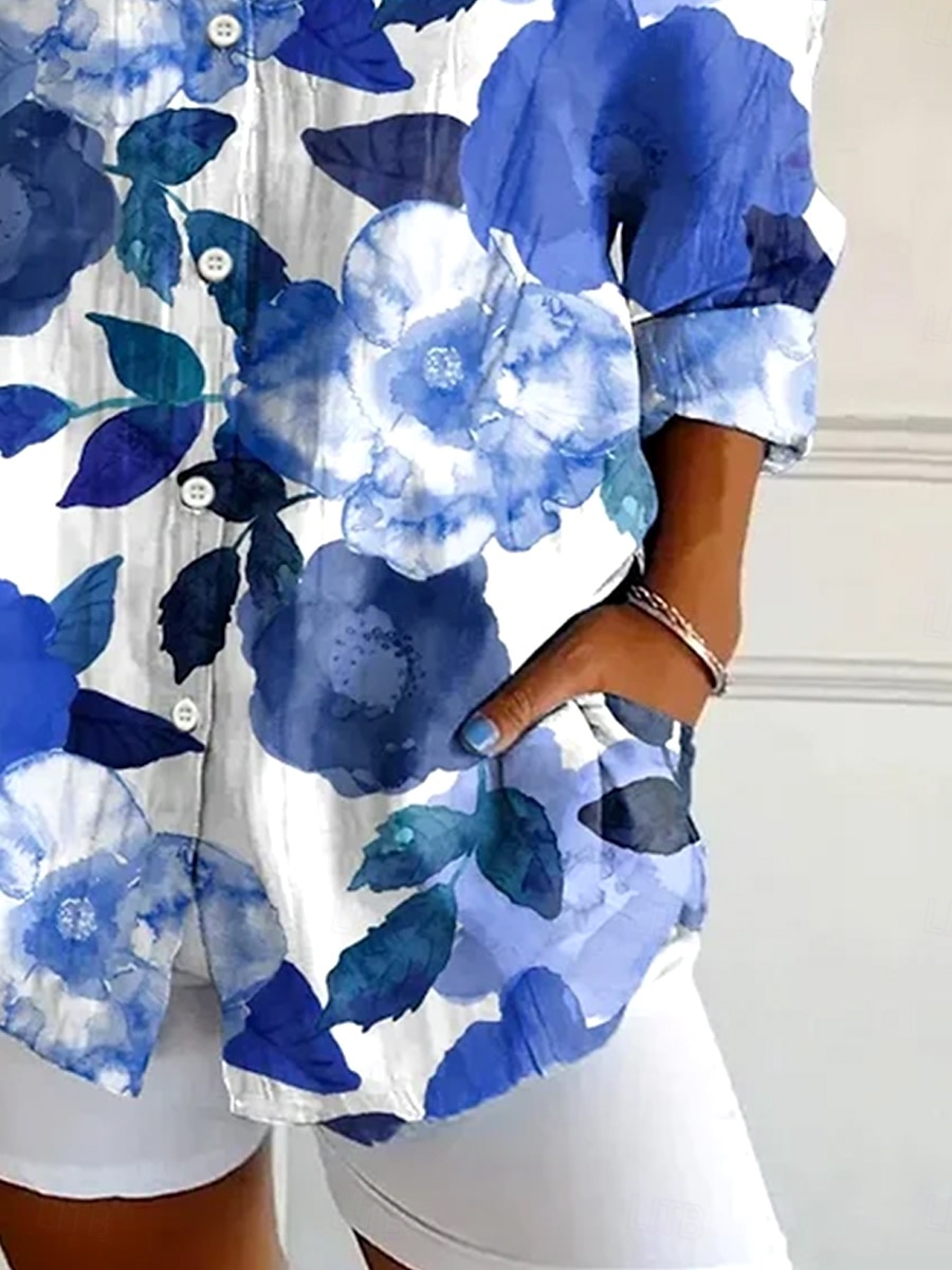 Damen Hemd Langarm Button-Down Bluse Blumen Grafik Blatt Vintage Tropisch Alltag Hemdkragen Reguläre Tops Arbeit Alltag Urlaub Knöpfe Druck Blau Sommer Frühling 2025 - $32.99 –P3