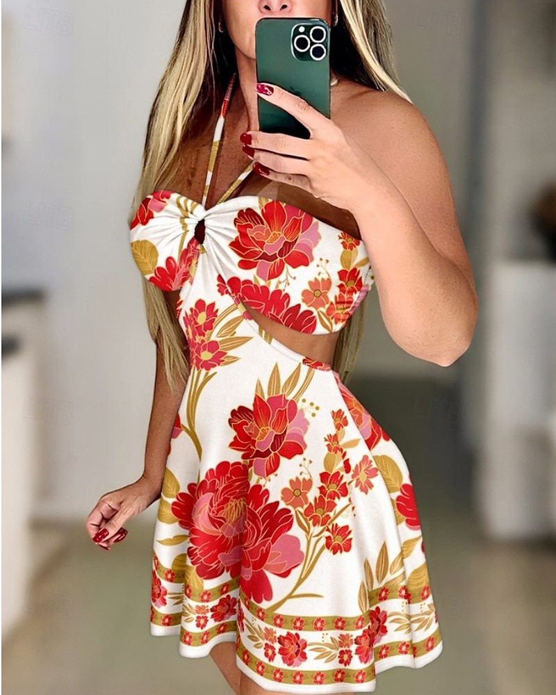Pentru femei Rochie Mini Rochie florala Rochie de vară Rochie cu decolteu Rochie imprimata Clasic Modern În aer liber Vacanță Concediu Fit regulat Floare Fără manșon Gâtul halter Alb Galben Roșu Vin 2025 - $24.99 –P5