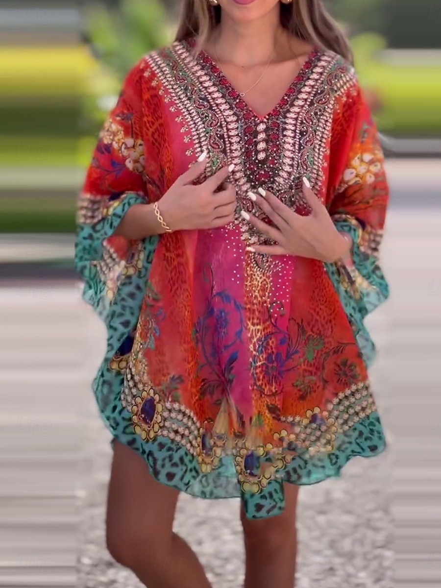 Women's Mini Dress A Line Dress Casual Boho Daily Holiday Beach Regular Fit Graphic 3/4 Length Sleeve V Neck Red Blue Green Summer Spring 2025 - $41.99 –P6