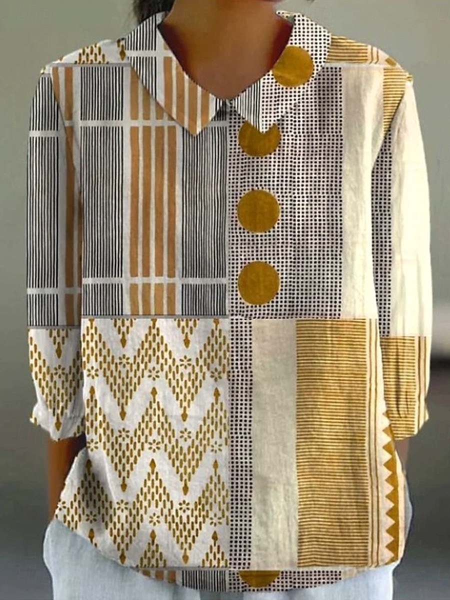 Dame Bluse Grafisk Geometrisk Stripet Årgang Tropisk Stilfull Kortermet Skjortekrage Vanlige topper Arbeid Daglig Trykt mønster Hvit Gul Oransje Kakifarget Sommer Vår 2025 - $23.99 –P2