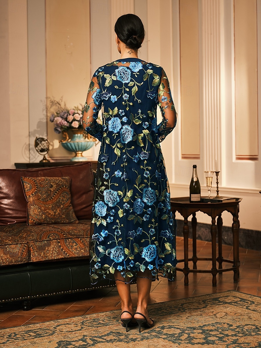 Dam Kappa Andningsfunktion Spets Broderad Elegant Blommig Formell Bröllop Fest Lång Rund halsringning Lös passning Långärmad Ytterkläder Grå rosa Svart Vinröd Sommar Vår 2025 - $50.99 –P9