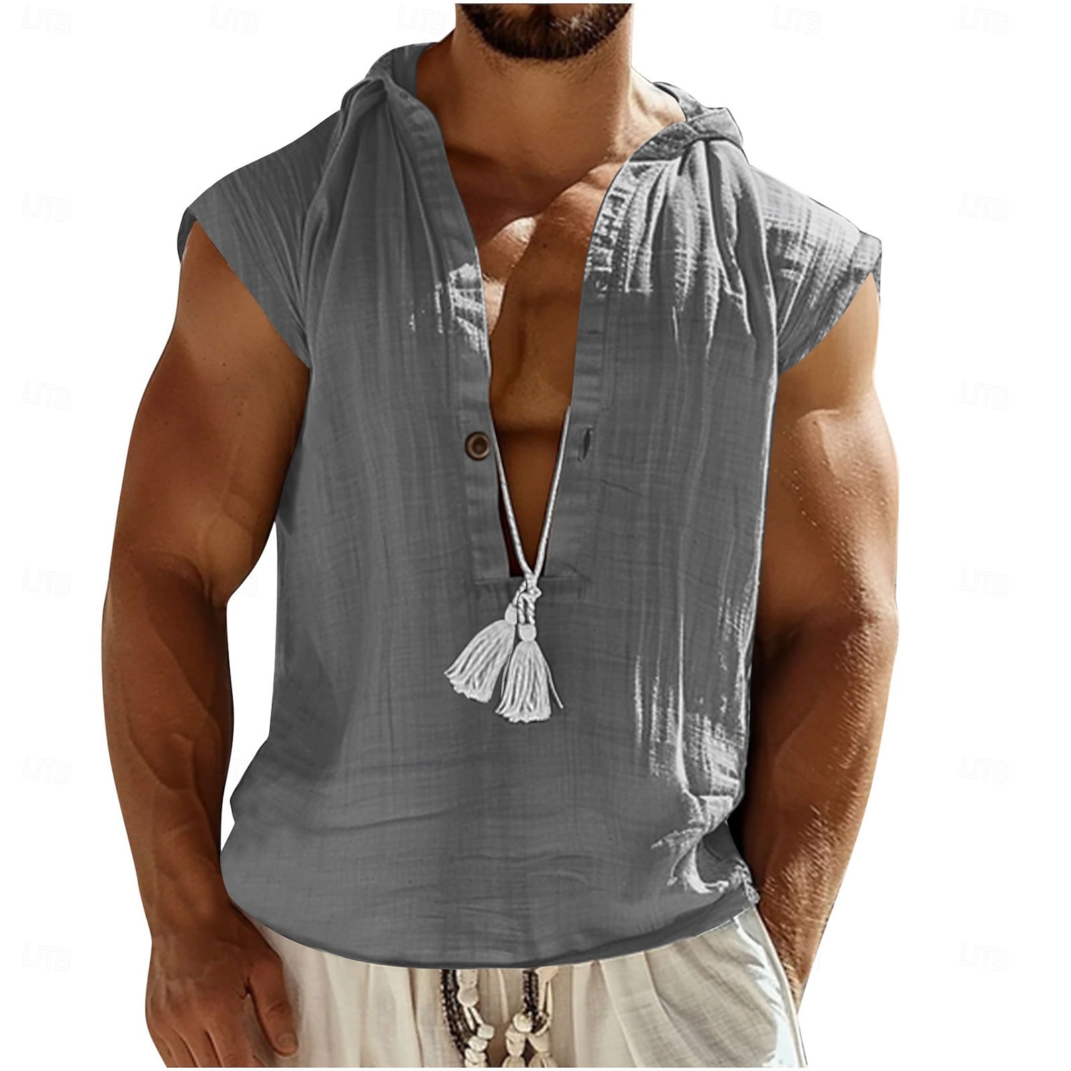 Men's Shirt Linen Shirt Viking Style Popover Shirt Summer Shirt Beach Wear Solid Color Vacation Home Black Navy Blue Sky Blue Green Sleeveless Hoodie Summer Spring Clothing Apparel 2025 - $21.99 –P8