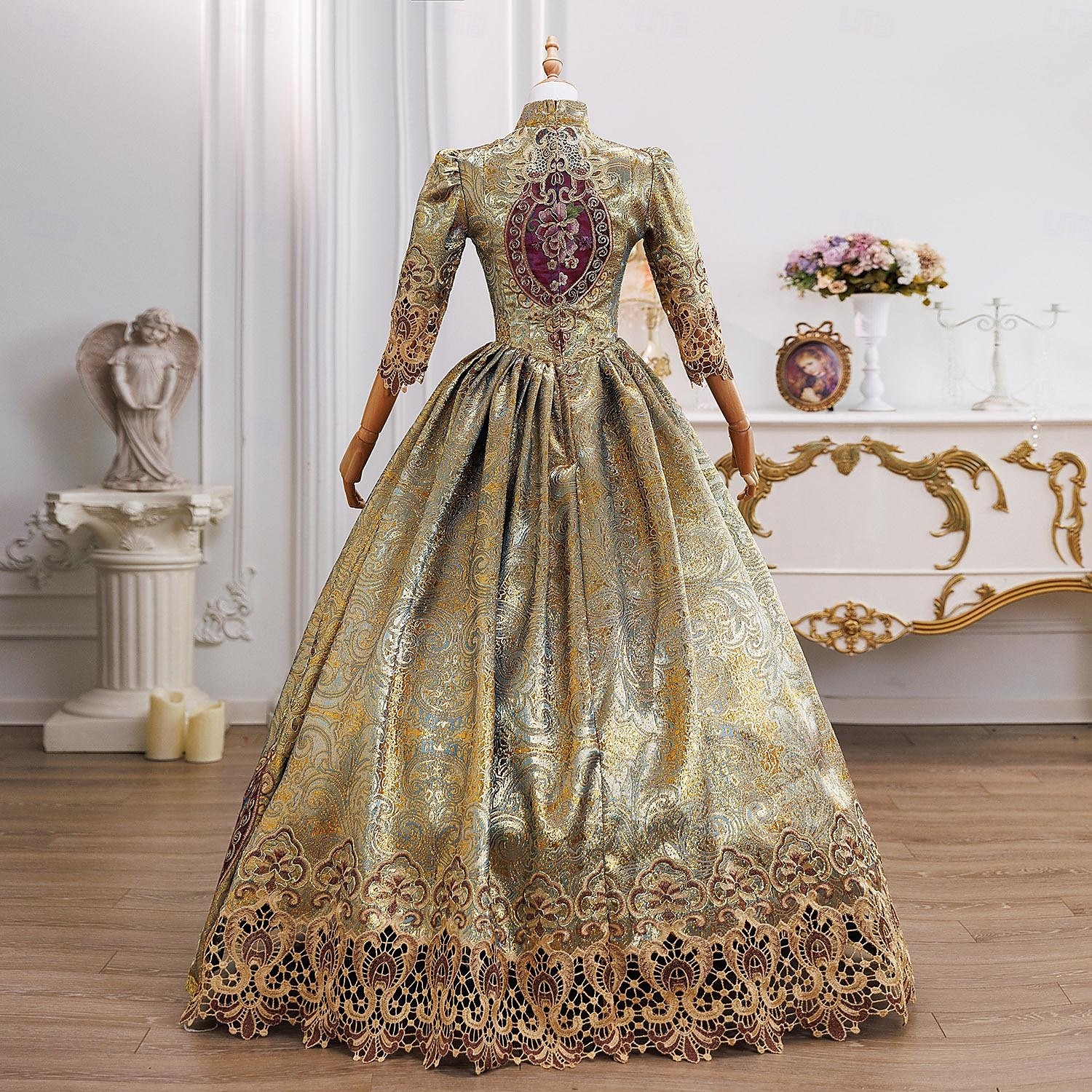 Vintage Rokoko Renässans Maxi Klänningar Vanligt Juliet ärm Prinsessa Brud Plisserad Med volanger Prinsessa Rund hals Maskeradkläder Dam Halloween Karnival Maskerad Prestanda Fest Halloween Vuxen 2026 - $218.69 –P3