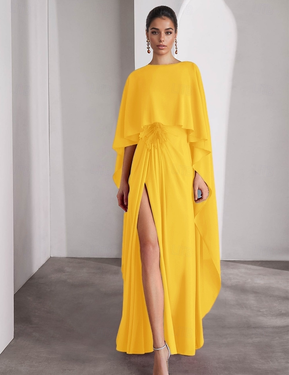 Vestido de noite elegante, cor-de-rosa e azul, com corte A, comprimento até o chão, manga curta, gola redonda, chiffon com xale de penas, 2025 de 2025 por $129.99 –P4