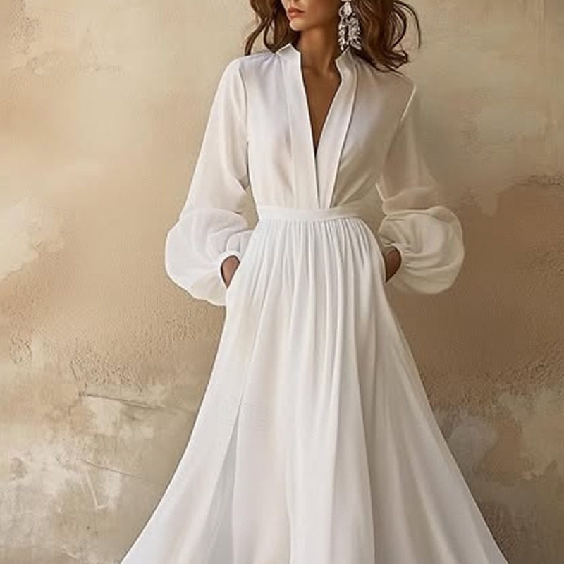 Damen Langes Kleid Maxikleid Weißes Kleid Schwingkleid Mode Outdoor Urlaub Ferien Normale Passform Einfach Langarm V Ausschnitt Weiß Sommer 2025 - $31.99 –P2