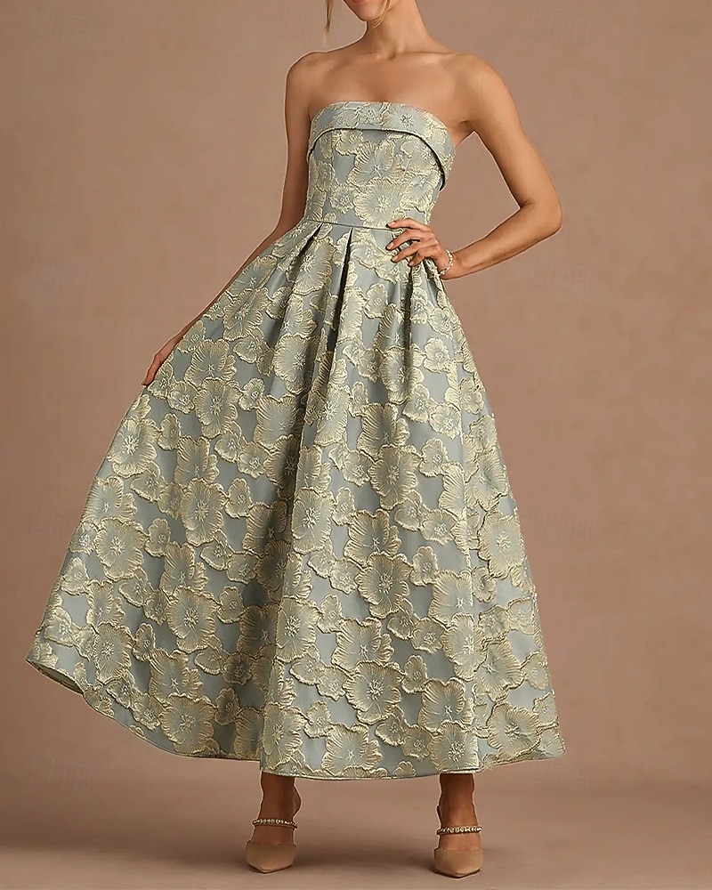 Virágos jacquard A-vonalú koktélruhák elegáns ruha formális eljegyzés tea hosszú midi hosszú ujjatlan pánt nélküli redőkkel 2025 - $159.99 –P5