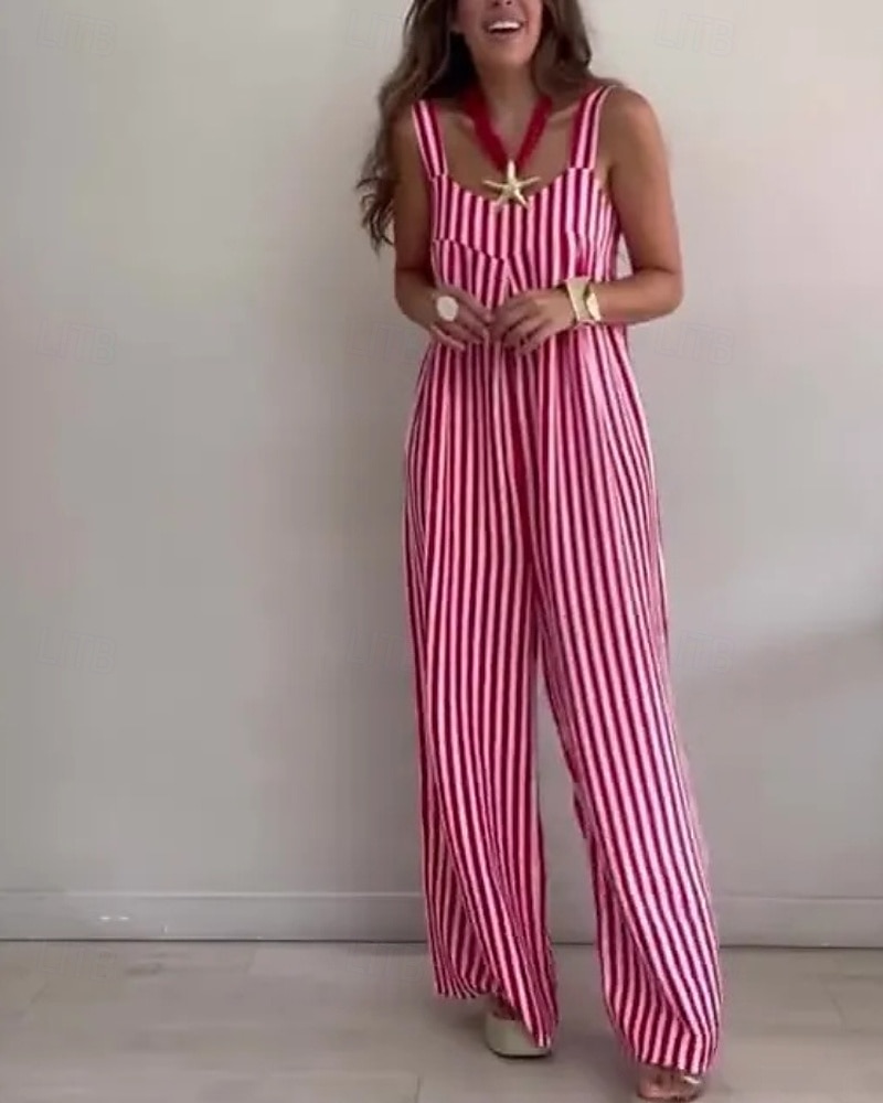 Mono normal para mujer, estilo urbano, a rayas, sin mangas, cuello en U, sin espalda, de lino y algodón sintético, para uso diario, corte regular, amarillo, rojo, azul marino, para verano. 2026 - $23.99 –P5
