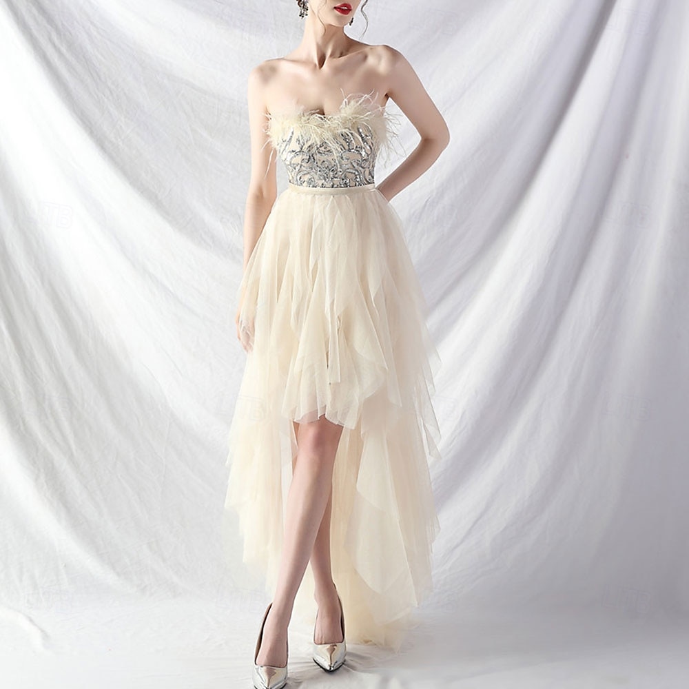 A-Line Quinceanera Dresses Elegant Dress Formal Wedding Asymmetrical Sleeveless Strapless Tulle Backless with Feather Embroidery 2025 - $84.99 –P11
