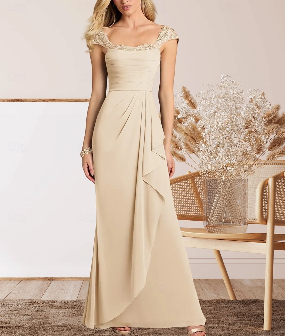 A-Lijn Moeder van de Bruid Jurk Bruiloft Gast Elegante Hartvormige Vloerlengte Chiffon Kap Mouw met Kant Ruching 2025 - $161.99 –P1