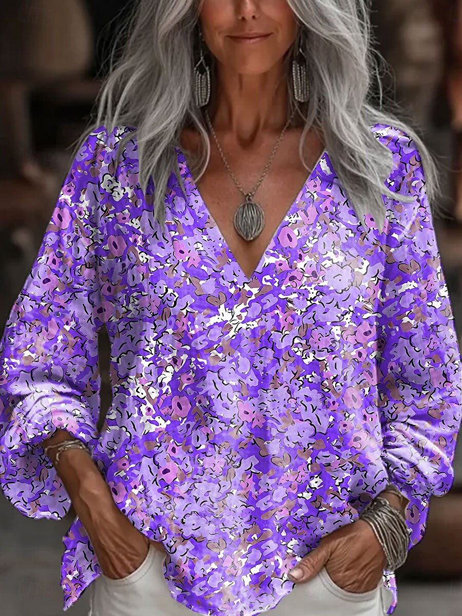 Dame Bluse Blomstret Grafisk Stilfull Fritid 3/4 ermer V-hals Vanlige topper Daglig Rød Blå Lilla Sommer 2025 - $24.99 –P3