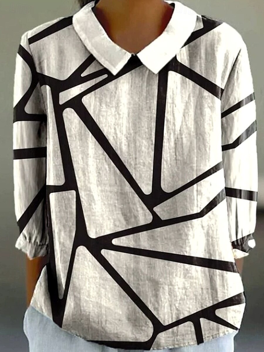 Dame Bluse Grafisk Geometrisk Stripet Årgang Tropisk Stilfull Kortermet Skjortekrage Vanlige topper Arbeid Daglig Trykt mønster Hvit Gul Oransje Kakifarget Sommer Vår 2025 - $23.99 –P4