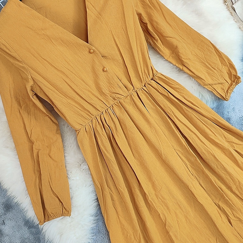 Per donna Abito Midi Abito in cotone e lino Abito Boho Classico Moderno All'aperto Vacanza Quotidiano Vestibilità regolare Semplice Manica Lunga Scollo a V Giallo Estate del 2025 a $29.99 –P4